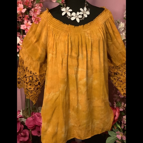 🌻NWT 1X INDIGO THREAD HARVEST GOLD LACE TRIM SLEEVE TOP - Picture 5 of 13